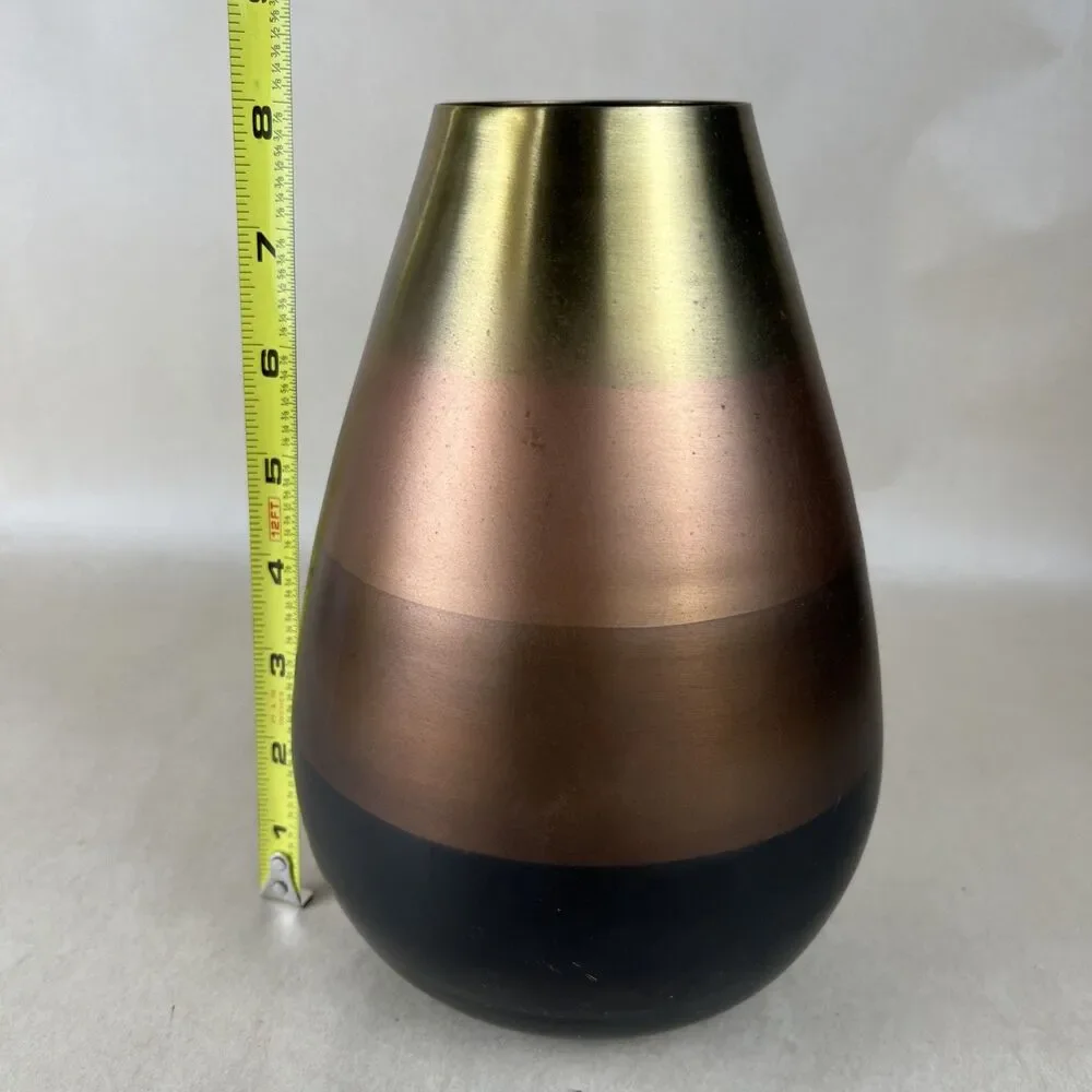 Crate & Barrel Copper Vase 8” Mixed Metal Tone Modernist Horizontal Stripe AS IS